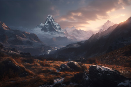 Astonishing mountain peaks at sunrise. Generative AI.の素材