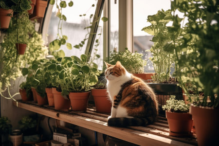 A cat sitting in a balcony garden filled with plants that help purify the air, highlighting the positive impact that cats can have on promoting green spaces and reducing air pollution. Generative AIの素材