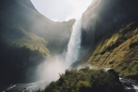 Stunning shot of a towering waterfall, its mist and spray filling the air and creating a mesmerizing sight. Generative AIの素材