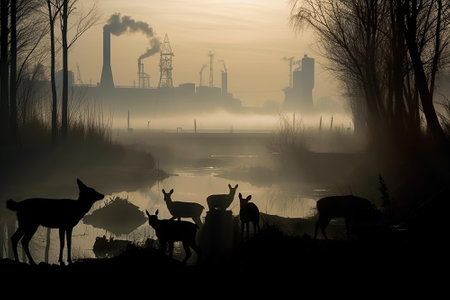 Silhouettes of animals on the terrain with ecological problems. Polluted air by factories, toxic waste, water pollution. Generative AI.の素材