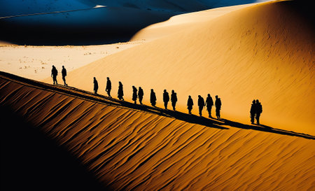 People going through the sand dunes. Hike in desert. Generative AI.の素材