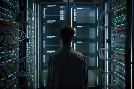 Back view of young man in shiny server room. Technology concept. AI Generative.の素材