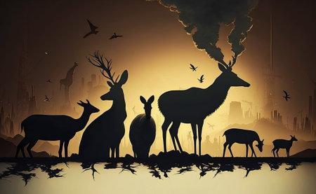 Silhouettes of animals on the terrain with ecological problems. Smoke comes from deer horns. Polluted air by factories, toxic waste, water pollution concept. Generative AI.の素材