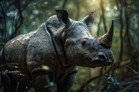 AI protect our planet's most precious and endangered species. Javan rhinoceros. Technologies working in harmony with nature, helping to preserve the balance of our planet's ecosystems. Generative AI.の素材