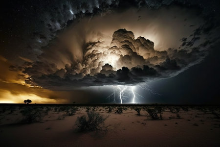 Upcoming Thunderstorm in the night desert. Generative AI.の素材