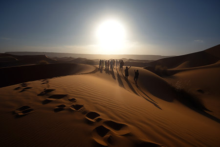 People going through the sand dunes. Hike in desert. Generative AI.の素材