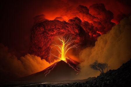 Close Range Long Exposure Of Volcano Eruption. Generative AI.の素材