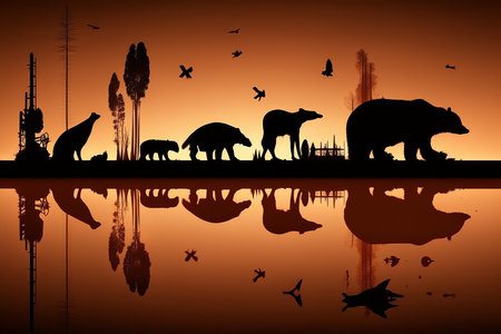 Silhouettes of animals on the terrain with ecological problems. Polluted air by factories, toxic waste, water pollution. Generative AI.の素材