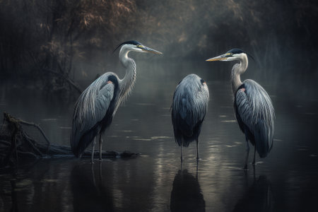 A family of herons stand tall in murky, polluted waters. Despite the harmful effects of pollution on their natural habitat, these majestic birds have adapted and continue to thrive. Generative AIの素材