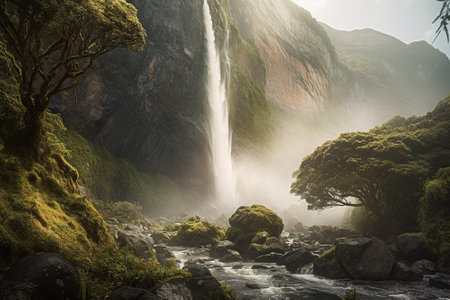 Stunning shot of a towering waterfall, its mist and spray filling the air and creating a mesmerizing sight. Generative AIの素材
