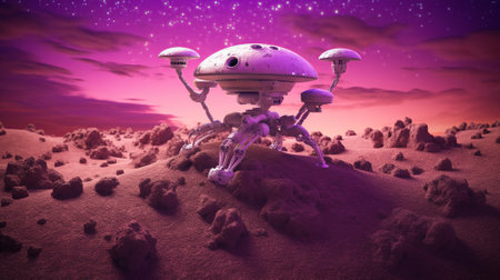 A robot uses mycelium to construct mushroom habitats for life to thrive. Generative AI. A violet hue.の素材