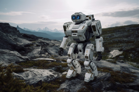 A journey of robot as it explores the remote wilderness, equipped with advanced sensors to navigate the rugged terrain. Generative AIの素材