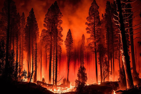 Wildfire burns ground in forest. Generative AI.の素材