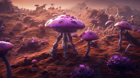 A robot uses mycelium to construct mushroom habitats for life to thrive. Generative AI. A violet hue.の素材
