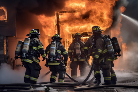 A powerful image of firefighters battling a fire together, demonstrating their bravery and strength as they work to protect their community. Generative AI. Back viewの素材