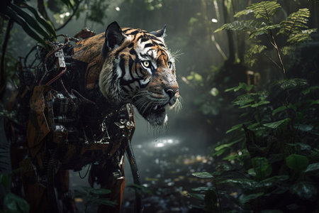 AI protect our planet's most precious and endangered species. Sumatran tiger. Technologies working in harmony with nature, helping to preserve the balance of our planet's ecosystems. Generative AI.の素材