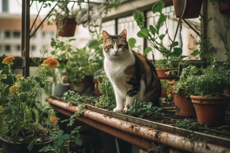 A cat sitting in a balcony garden filled with plants that help purify the air, highlighting the positive impact that cats can have on promoting green spaces and reducing air pollution. Generative AIの素材