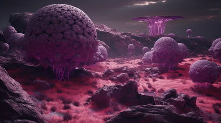 A robot uses mycelium to construct mushroom habitats for life to thrive. Generative AI. A violet hue.の素材