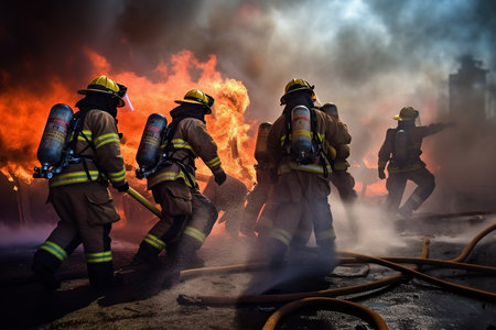 A powerful image of firefighters battling a fire together, demonstrating their bravery and strength as they work to protect their community. Generative AI. Back viewの素材