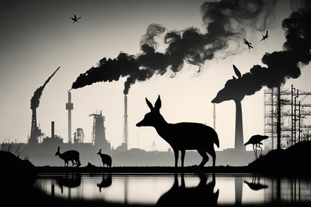 Silhouettes of animals on the terrain with ecological problems. Polluted air by factories, toxic waste, water pollution. Generative AI.の素材