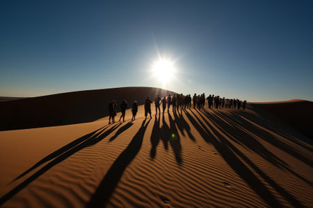 People going through the sand dunes. Hike in desert. Generative AI.の素材
