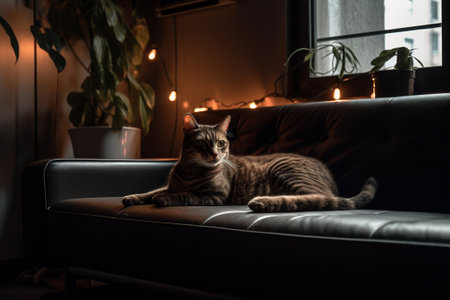A cat lounges on a plush couch in a cozy living room, basking in the soft, natural light that illuminates the space. Generative AIの素材