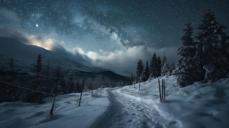 A winter storm in the mountains. The snowdrifts that cover the paths and roads make travel difficult, but the stars in the sky add a sense of peace and tranquility to the scene. Generative AIの素材