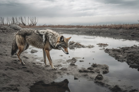 A coyote stalks through a polluted riverbed in search of prey. Despite the contaminated environment, this resilient predator persists in its search for food and survival. Generative AIの素材