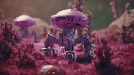 A robot uses mycelium to construct mushroom habitats for life to thrive. Generative AI. A violet hue.の素材