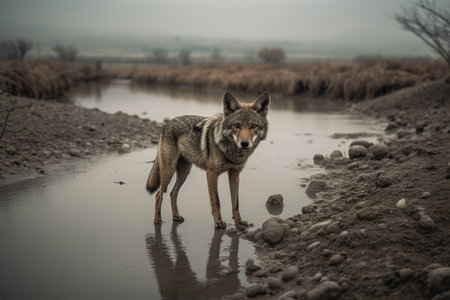 A coyote stalks through a polluted riverbed in search of prey. Despite the contaminated environment, this resilient predator persists in its search for food and survival. Generative AIの素材