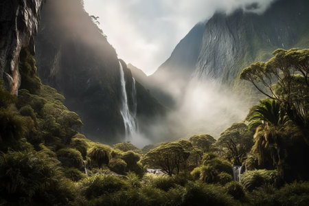 Stunning shot of a towering waterfall, its mist and spray filling the air and creating a mesmerizing sight. Generative AIの素材