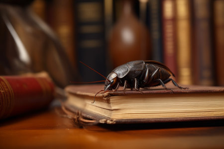 A closeup shot of a cockroach in a library, surrounded by books, evokes a sense of serenity and contemplation. Generative AIの素材