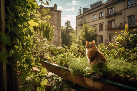 A cat sitting in a balcony garden filled with plants that help purify the air, highlighting the positive impact that cats can have on promoting green spaces and reducing air pollution. Generative AIの素材