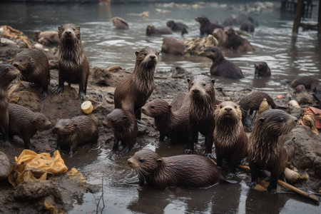 A family of otters navigate a polluted urban river district. Despite the contaminated water, these playful and agile animals continue to thrive and survive in their urban habitat. Generative AIの素材
