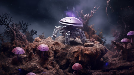 A robot uses mycelium to construct mushroom habitats for life to thrive. Generative AI. A violet hue.の素材