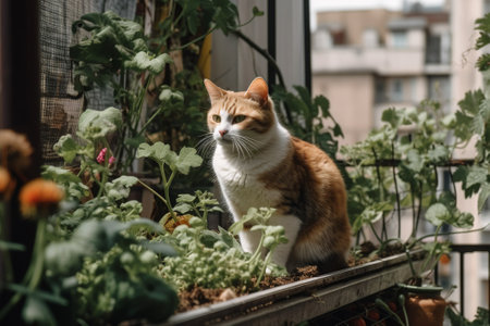 A cat sitting in a balcony garden filled with plants that help purify the air, highlighting the positive impact that cats can have on promoting green spaces and reducing air pollution. Generative AIの素材