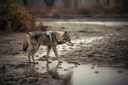 A coyote stalks through a polluted riverbed in search of prey. Despite the contaminated environment, this resilient predator persists in its search for food and survival. Generative AIの素材