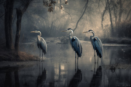 A family of herons stand tall in murky, polluted waters. Despite the harmful effects of pollution on their natural habitat, these majestic birds have adapted and continue to thrive. Generative AIの素材