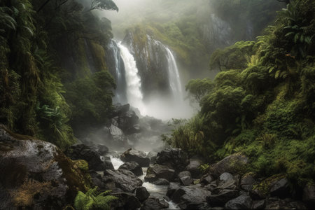 Stunning shot of a towering waterfall, its mist and spray filling the air and creating a mesmerizing sight. Generative AIの素材