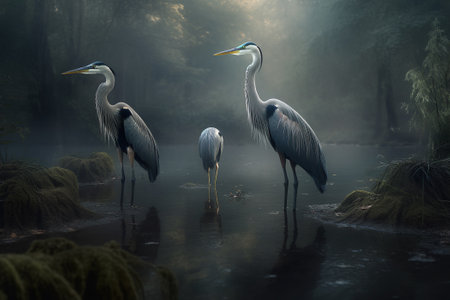 A family of herons stand tall in murky, polluted waters. Despite the harmful effects of pollution on their natural habitat, these majestic birds have adapted and continue to thrive. Generative AIの素材