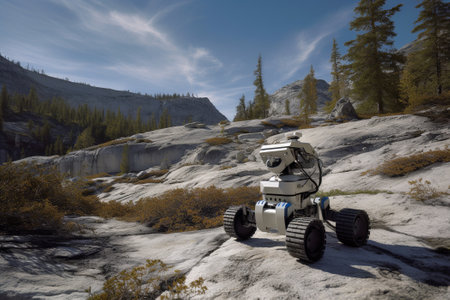 A journey of robot as it explores the remote wilderness, equipped with advanced sensors to navigate the rugged terrain. Generative AIの素材