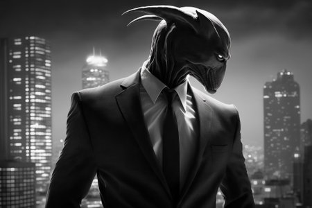 A terrifying creature, dressed in a business suit, emerges from the shadows of a bustling city at night. Generative AIの素材