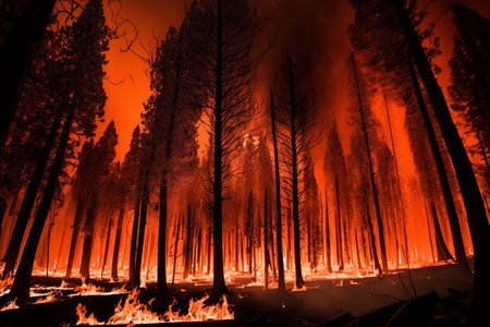 Wildfire burns ground in forest. Generative AI.の素材