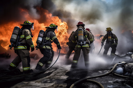 A powerful image of firefighters battling a fire together, demonstrating their bravery and strength as they work to protect their community. Generative AI. Back viewの素材