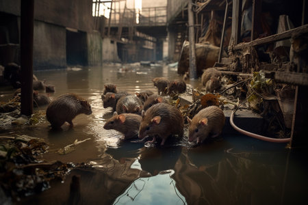 A family of rats frolicking in a polluted river surrounded by piles of industrial waste. Despite the hazardous conditions, the playful animals seem to be enjoying themselves. Generative AIの素材