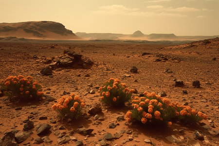 The unique beauty of a single cluster of orange flowers blooming in the midst of a rugged, mountainous landscape on the planet Mars. The possibilities for life on other planets concept. Generative AIの素材