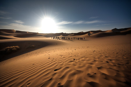 People going through the sand dunes. Hike in desert. Generative AI.の素材