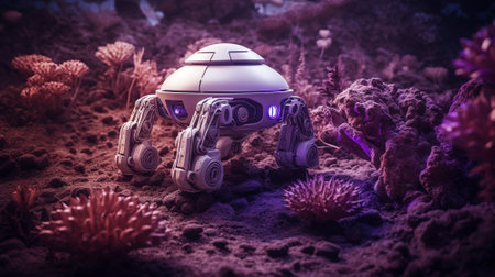 A robot uses mycelium to construct mushroom habitats for life to thrive. Generative AI. A violet hue.の素材