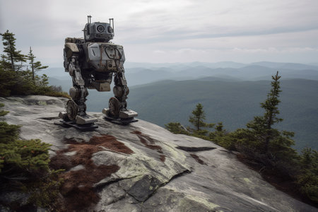 A journey of robot as it explores the remote wilderness, equipped with advanced sensors to navigate the rugged terrain. Generative AIの素材