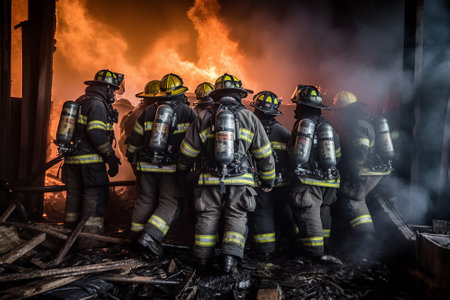 A powerful image of firefighters battling a fire together, demonstrating their bravery and strength as they work to protect their community. Generative AI. Back viewの素材
